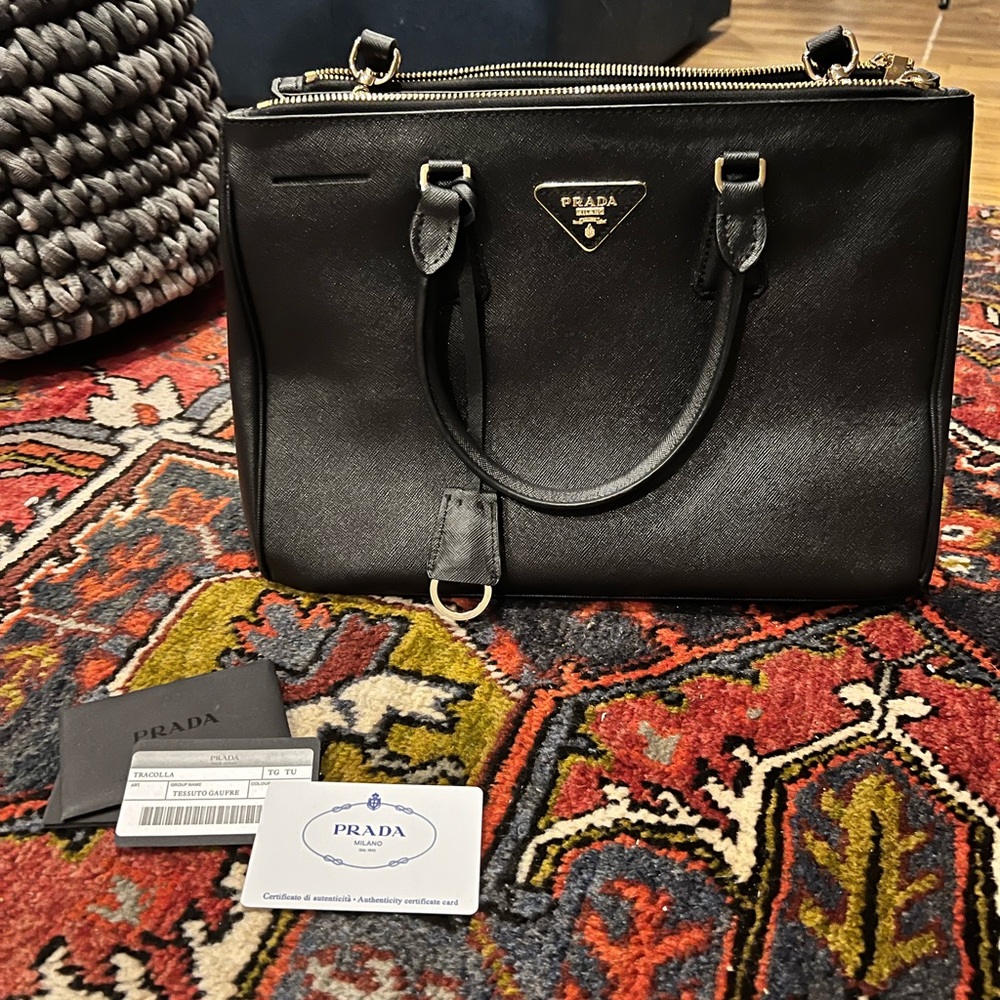 Prada Saffiano Lux Leather Crossbody Tote. Black with authentication card.